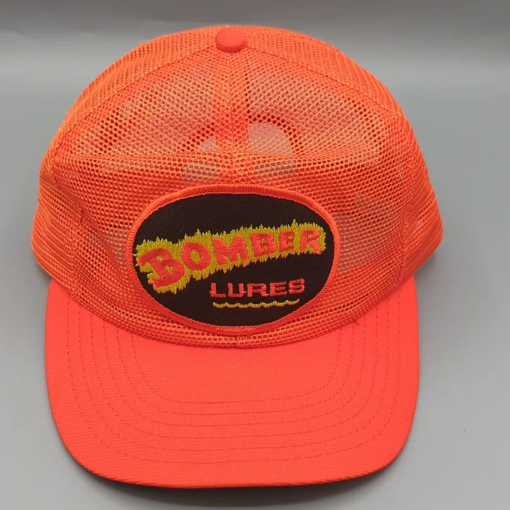 NOS Rare Vintage BOMBER LURES Fishing Hat Cap Orange Full Mesh Large DeLong USA